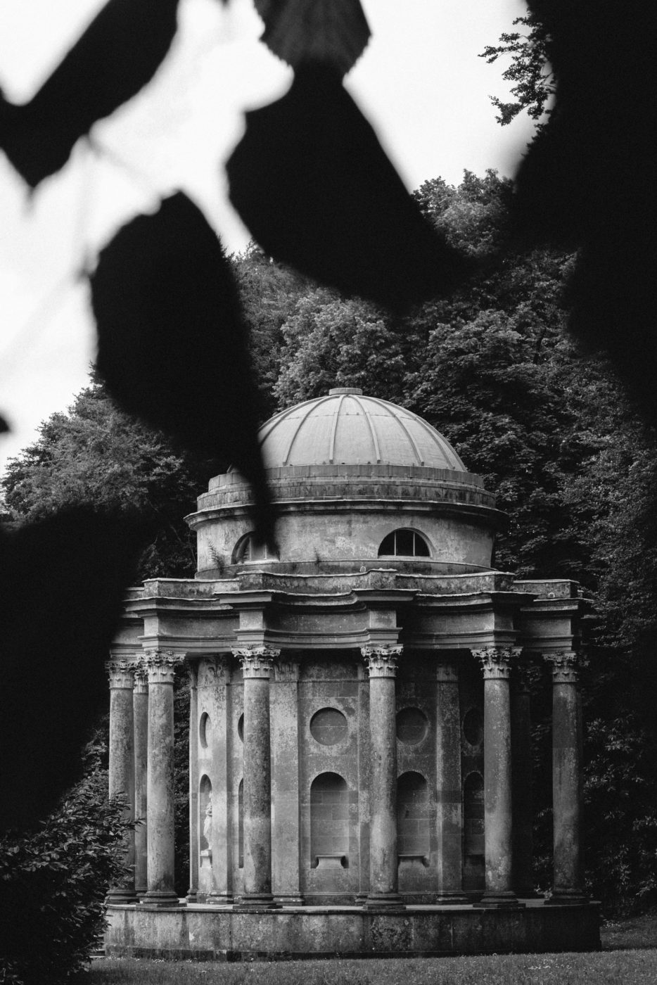 black and white photo of Pantheon in Stourhead
