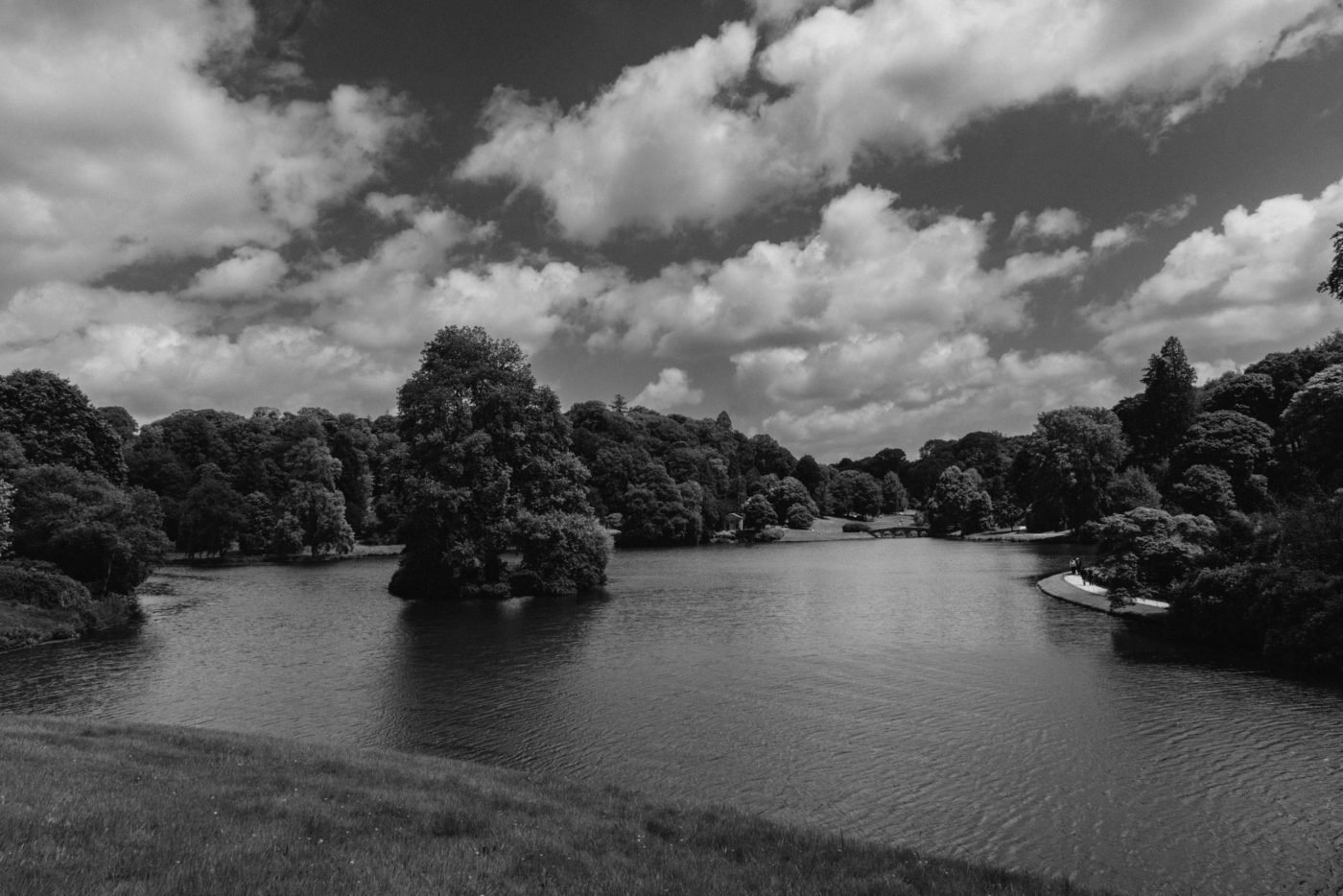 Black and white photo of the Stourhead Gardens